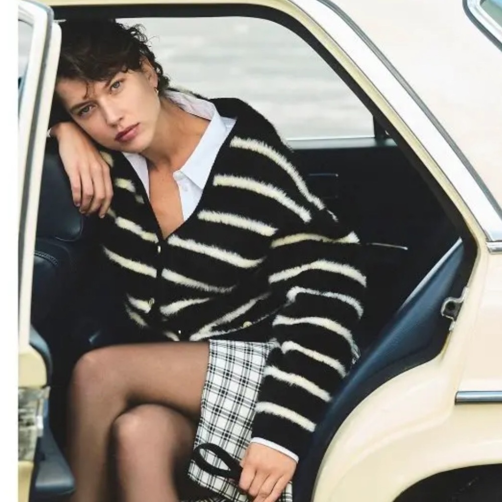 J. Crew Lady Sweater Cardigan In Black/White Stripe V-Neck Brushed Yarn SZ M
